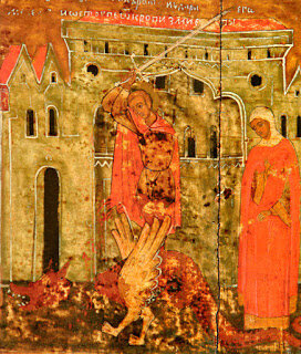 Петр убивает змея. Фрагмент иконы "Петр и Феврония Муромские с житием". Русь. 1618 г. Ретушь: В. Лобачев
No doctors can help, but suddenly Peter hears of Fevronia, a wise young peasant maiden, who promises to heal him. As a reward she wants to marry Peter. When healed, he does not keep his promise and instead sends rich gifts to Fevronia. However, soon Peter's body is again covered with scabs. Fevronia heals him again and this time they get married. Prince Paul soon dies and Peter and Fevronia come to reign in Murom.
