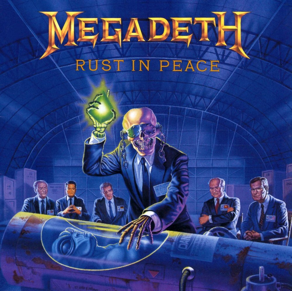 На обложке "Rust In Peace" дизайнер Эд Репка изобразил мировых лидеров (М.С. Горбачев - второй справа), рассматривающих тело инопланетянина 