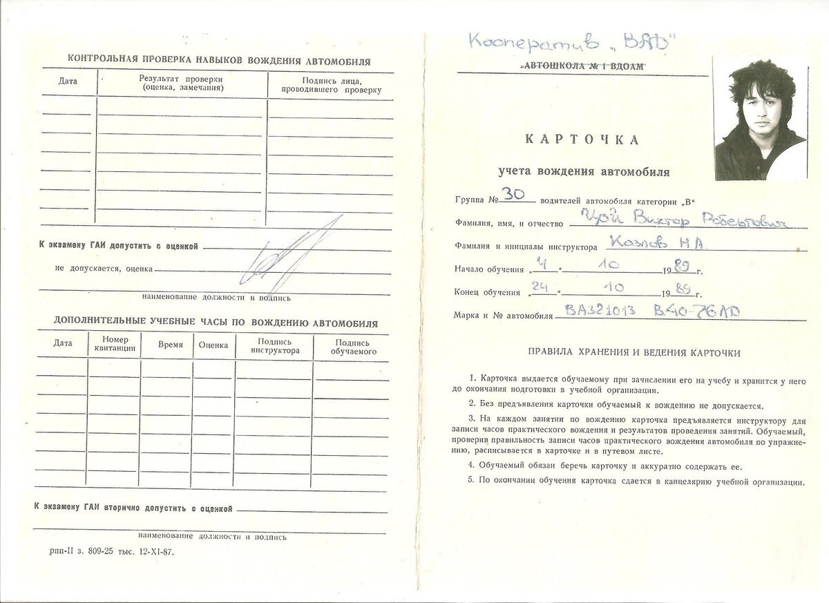 учетная карточка Виктора Цоя