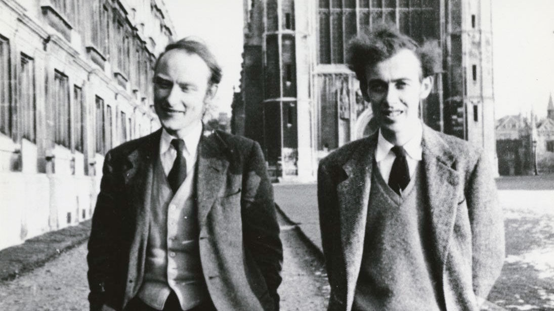 Francis Crick (left) was initially skeptical of the National Institutes of Health's 1960s preprint-sharing project, but later joined a preprint exchange group led by James Watson, with whom he discovered the structure of DNA.  COLD SPRING HARBOR LABORATORY ARCHIVES