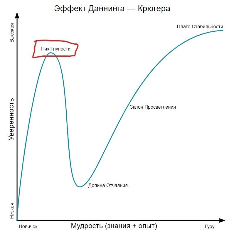 Создать карусель             Упрощенный график с демонстрацией эффекта Даннинга — Крюгера (красным выделен пик глупости)