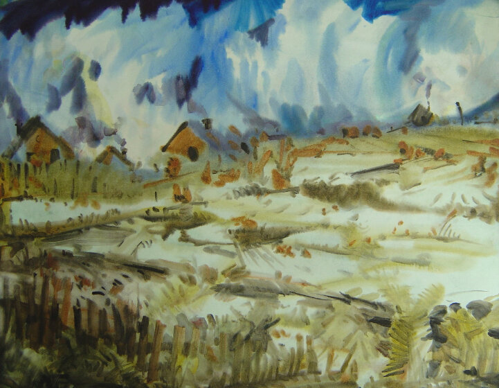 Сергей Галета. Деревушка и дождик. бумага. акварель.  65х85 см. 
