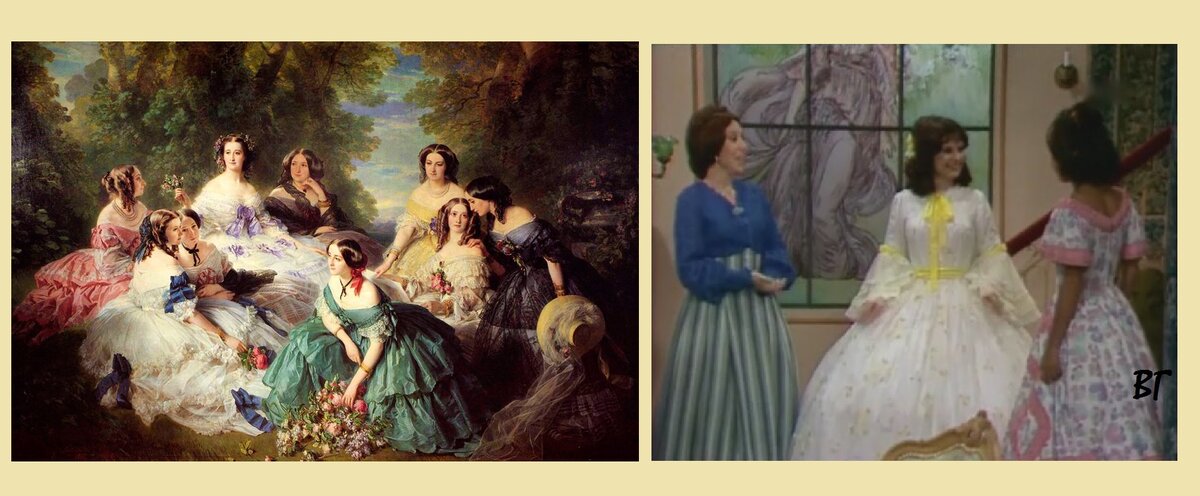 Слева портрет императрицы Евгении с фрейлинами, справа - кадр из сериала