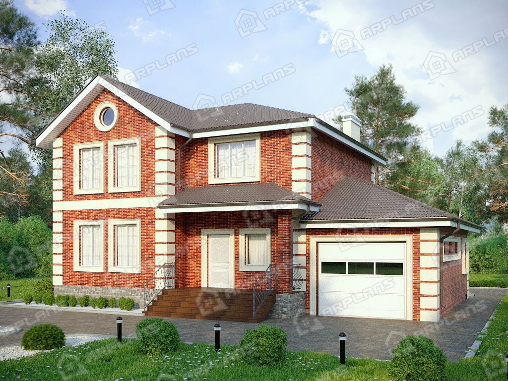 Фото 2 двухэтажного дома из газобетона с 3 спальнями, балконом, газовой котельной и гаражом. 170 кв м. Источник arplans.ru Проект К-185