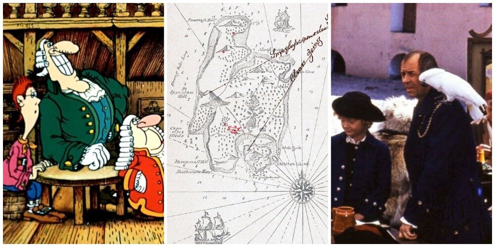 В центре - карта из первого издания "Острова сокровищ" 1883 года, слева и справа - кадры из мультфильма 1988 года и фильма 1982 года