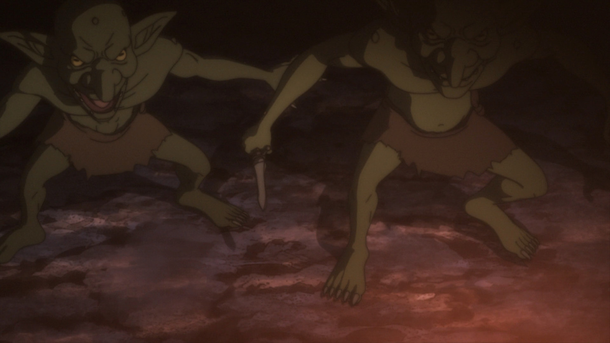 Гоблины же представляют собой обыкновенных мобов. Они появляются из ниоткуда и по большей части абсолютно одинаково выглядят:

Различия в их боевых спобностях обусловлены не мастерством и опытом, а неким классом особи — чемпион, хобгоблин, лидер. По всей видимости, либо каждый гоблин — он, пика-пика, как покемон, в определенный момент повышает свой уровень и преображается. либо гоблинская матка-царица изначально производит разные типы существ. Почему матка? Потому что за весь сериал не показано ни одного гоблина женского пола. Становится ясно, почему гоблины так падки на человеческих женщин.
