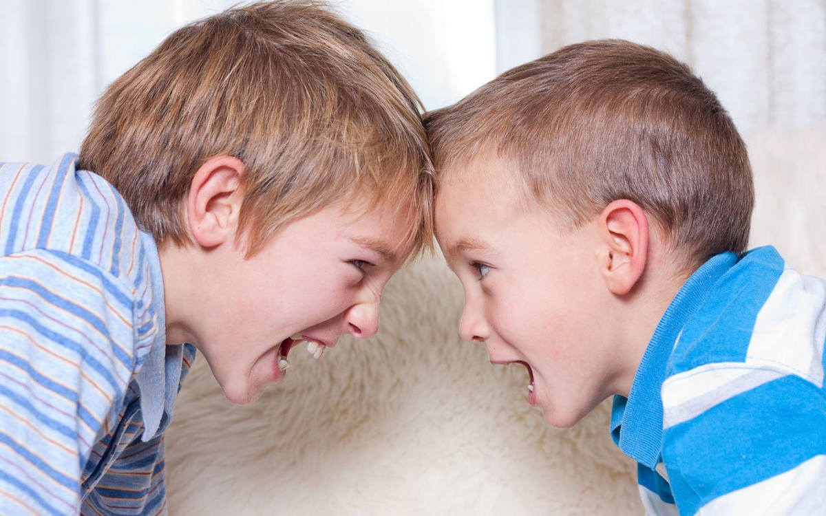 Подростки спорят. Агрессивный ребенок. Два мальчика ссорятся. Мальчики дерутся. Конфликт между детьми.