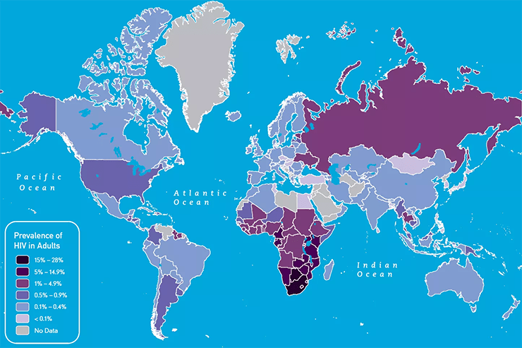 Распространенность СПИДа в мире на 2009 год.