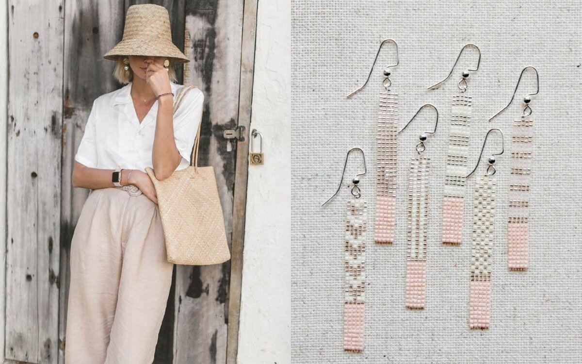 Лаконичный летний комплект, который легко повторить - белая  рубашка и брюки на высокой талии цвета топленого молока плюс аккуратные серьги из бисера пастельных оттенков, которые отлично бы вписались в такой комплект.