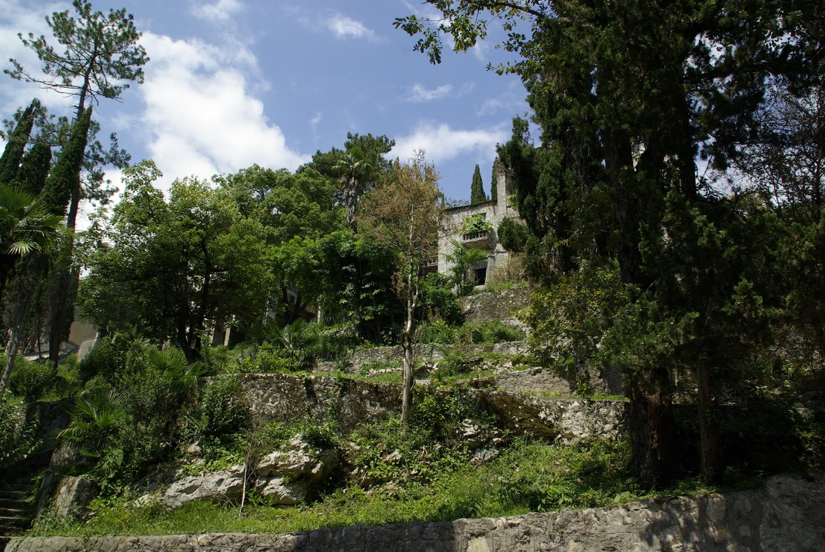 Буйная природа Абхазии и полуразрушенные здания(фото автора).