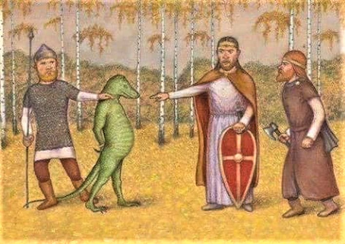 Миниатюра из Радзивиловской летописи, изображающая допрос пленного рептилоида новгородцами. Предположительно, 6666 год до н.э.