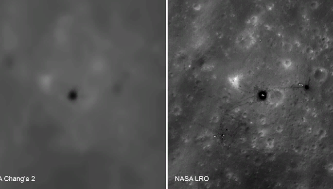 Сравнение снимков посадки «Аполлон-16», сделанных «Чанъэ-5» и LROC (The Lunar Reconnaissance Orbiter Camera). Разрешение камеры на китайском аппарате составляет 7 метров, на американском — 0,5 метра.