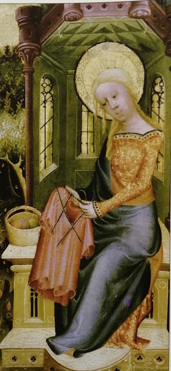 Мастер Бертрам из Миндена изобразил Деву Марию за вязанием.
