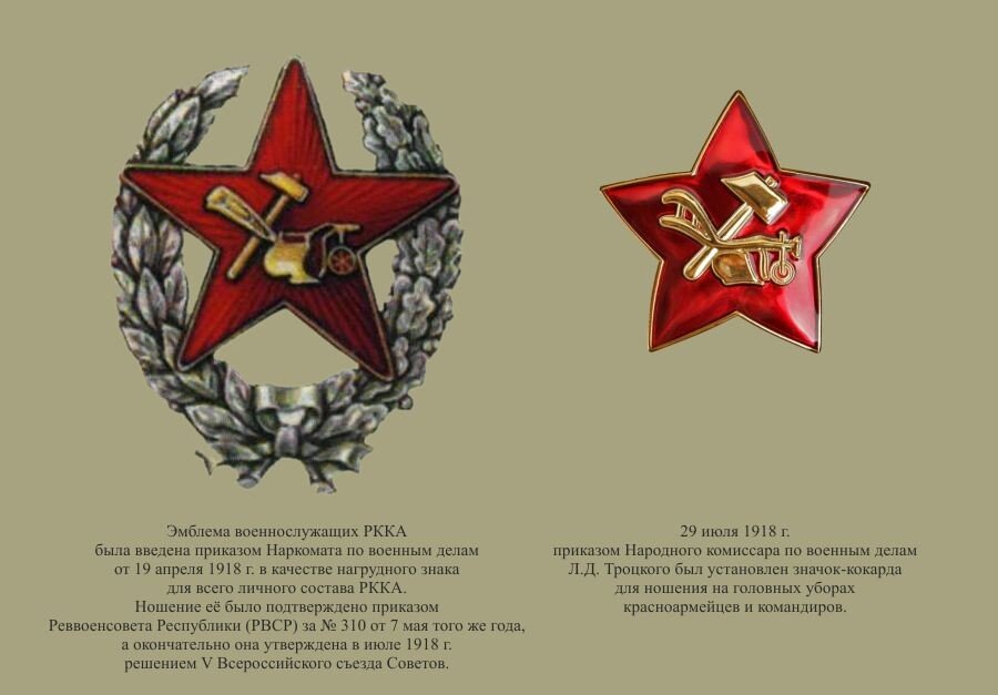 первая эмблема военнослужащих РККА и кокарда на головные уборы - красная звезда 