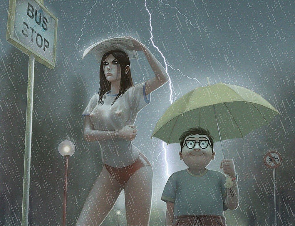 Прикрывается от ливня газетой