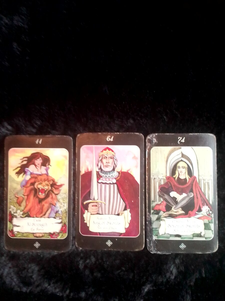 1.Старший Аркан Сила, 2. Король мечей, 3. Семёрка мечей.