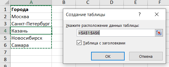 Раскрывающийся список в Excel 