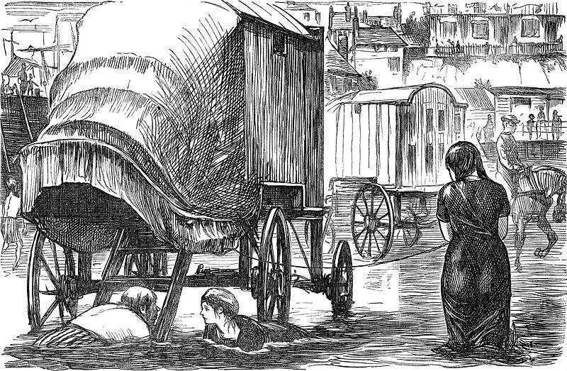 Карикатура: "Находчивый любитель подглядывания: извините, мадам, я думал это моя купальная машина!" Репродукция из интернета. 