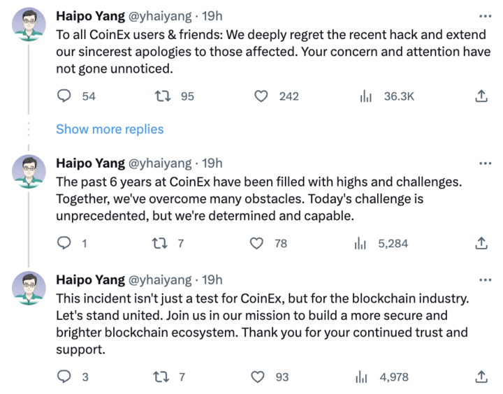 (Источник: Twitter Хайпо Яна, основателя и генерального директора CoinEx)