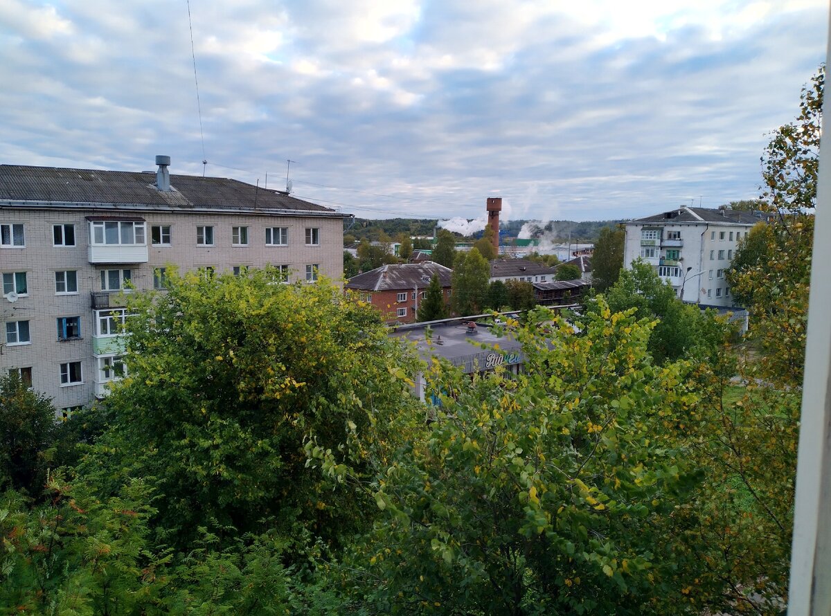 Между домами виден деревообрабатывающий комбинат