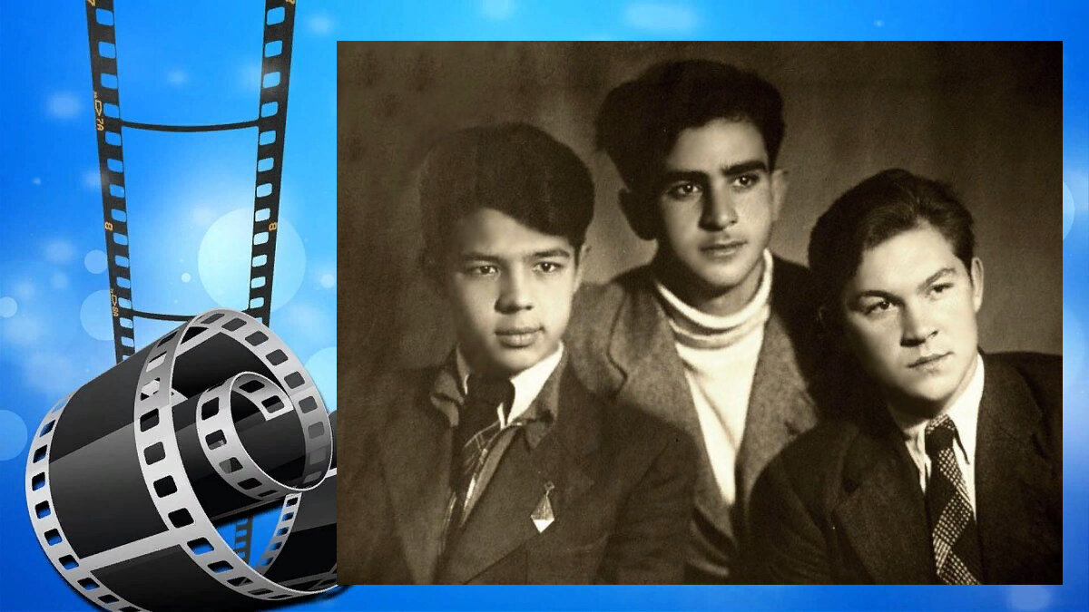 Раднэр Муратов, Караман Мгеладзе и Юрий Саранцев во время учебы во ВГИКе. Мастерская Сергея Юткевича и Михаила Ромма. Выпуск 1952 года