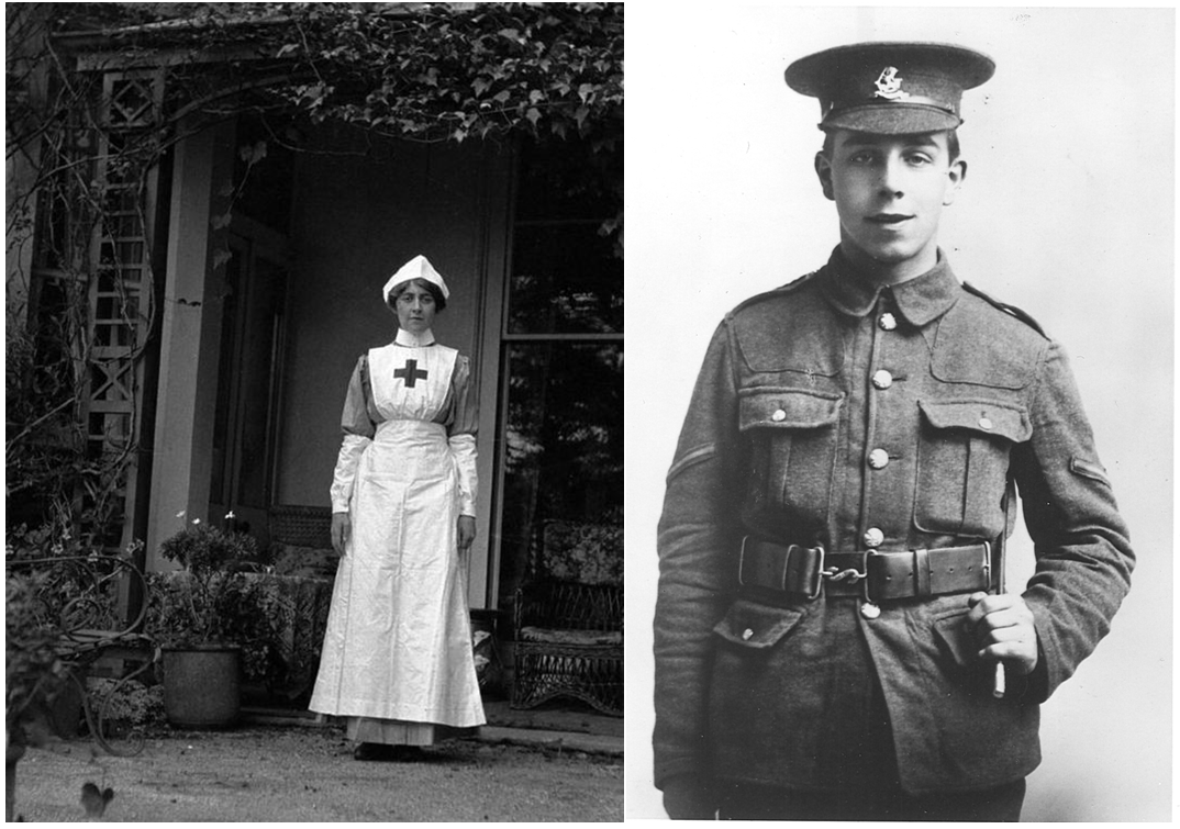 Агата Кристи во время службы в госпитале во время Первой мировой войны (фото в открытом доступе) и Джон Бойнтон Пристли во время службы в армии во время Первой мировой войны (фото https://100objectsbradford.wordpress.com/2011/08/31/28-priestleys-first-war-chapman-of-rhymes-margin-released/amp/)
