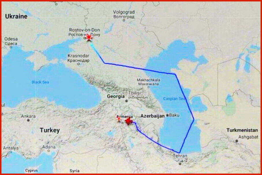 Маршрут, по которому доставляются военные грузы из Ростова-на-Дону в Армению.