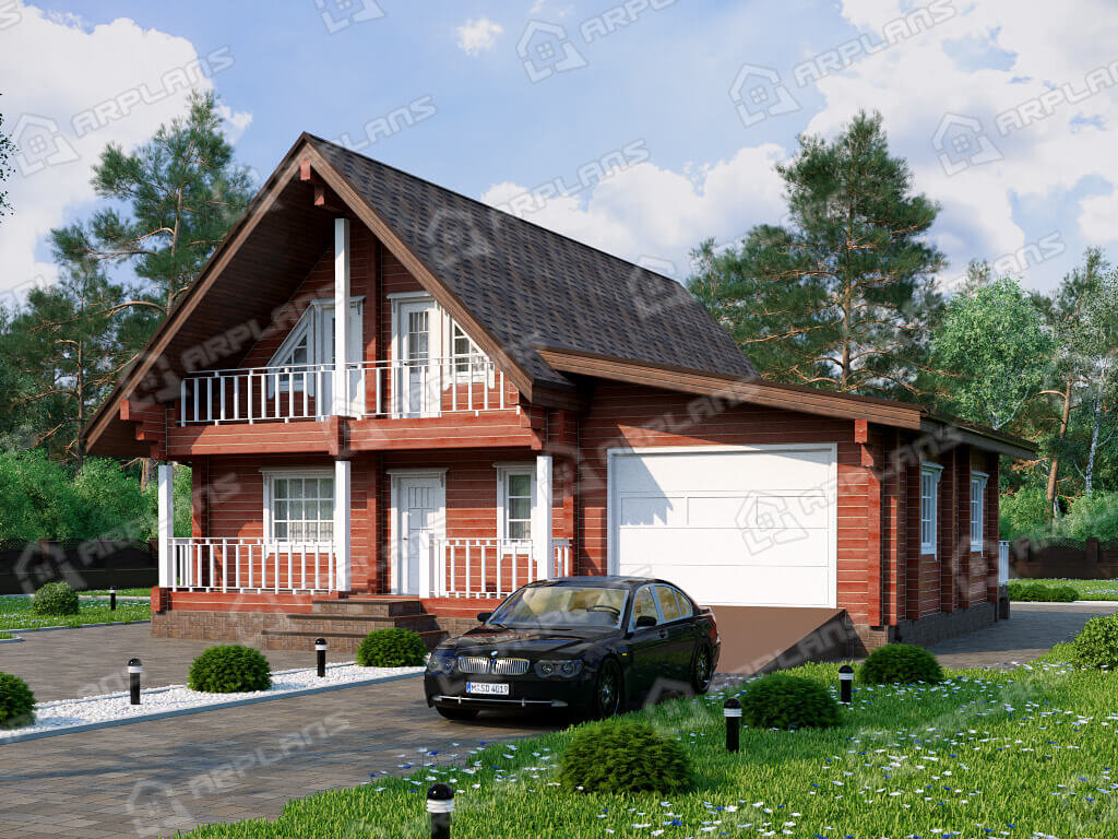 Фото 1 двухэтажного дома из бруса с мансардой, 3 спальнями, эркером, вторым светом, балконом, гаражом и террасой, 180 кв м. Источник arplans.ru Проект ДС-170