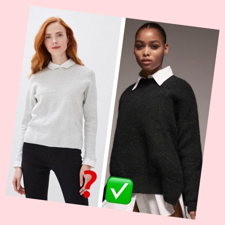 Правый пуловер тоже очень простой по силуэту, но из-за того, что он свободный под него можно надеть рубашку и чувствовать себя очень комфортно не только на работе, но и на прогулке по городскому парку и в кафе с подругами.