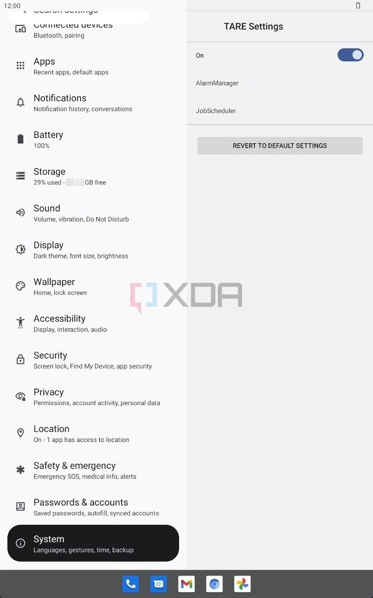 Панель настроек TARE в Android 13