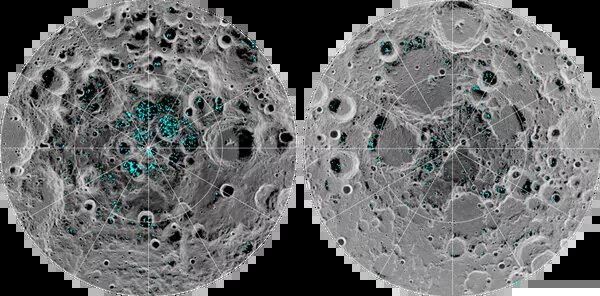 Поверхностный лед на полюсах Луны: Южный полюс слева, Северный полюс справа