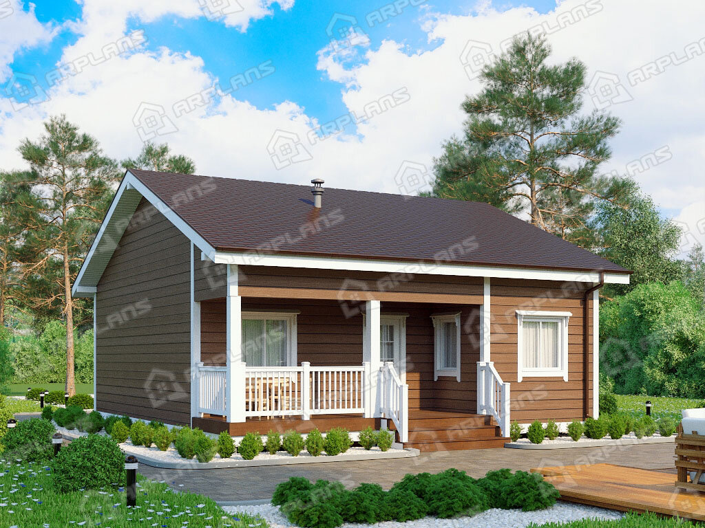 Фото 1 одноэтажного каркасного дома с 2 спальнями, котельной и террасой. Общая площадь 81 кв м. Источник arplans.ru Проект И-058