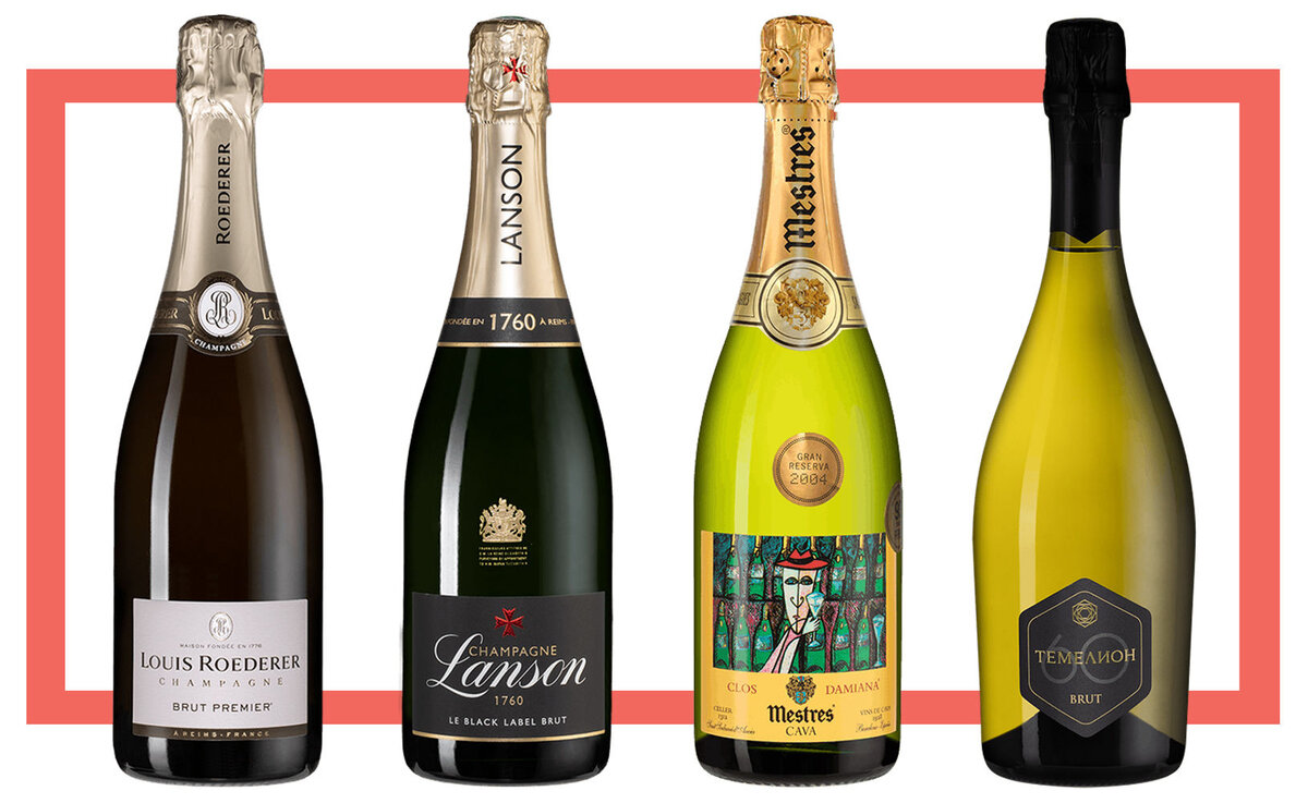 Слева направо: Louis Roederer Brut Premier, Lanson Black Label Brut; Mestres Cava; Темелион 60 Brut