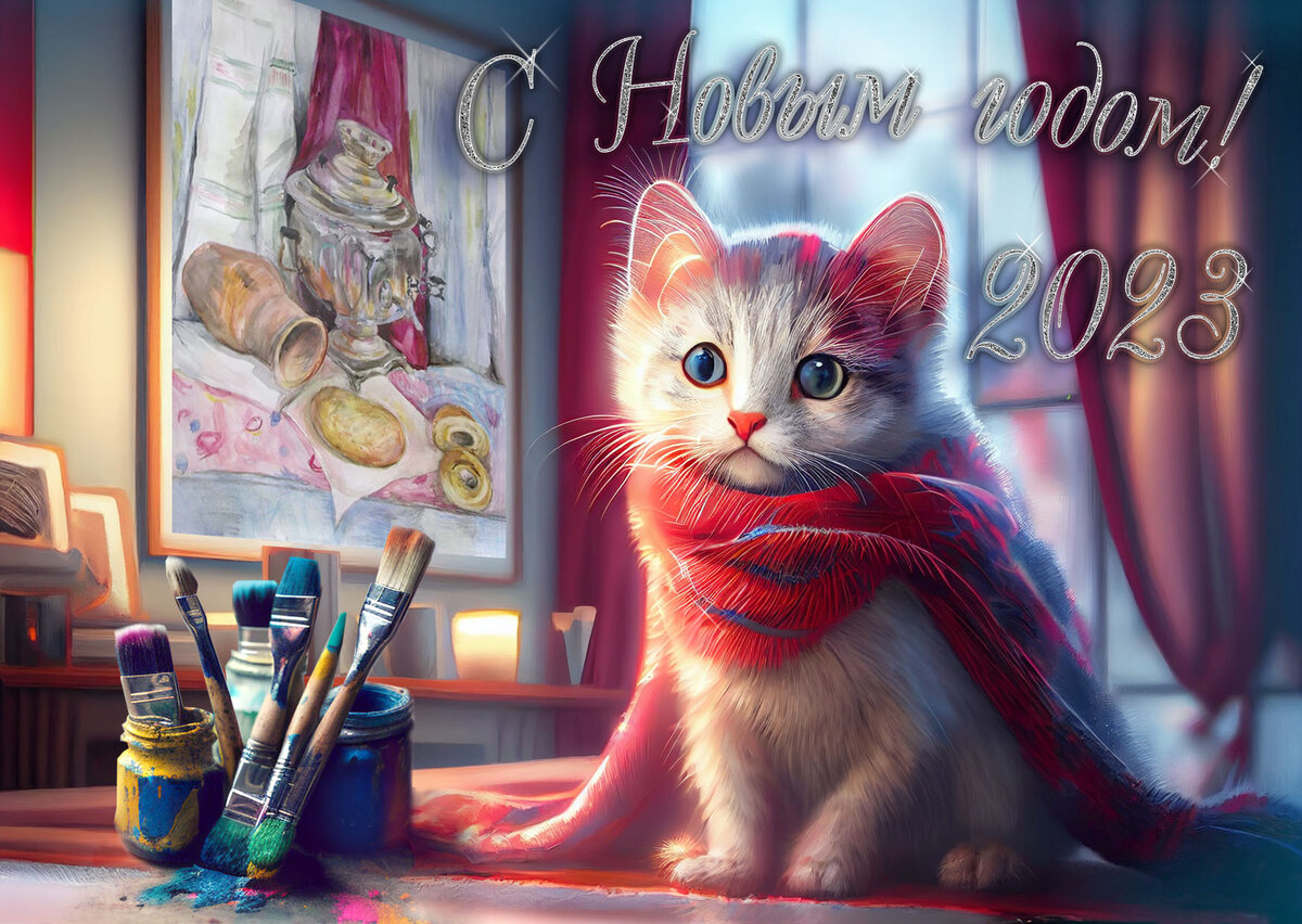Котик новогодний, художник
