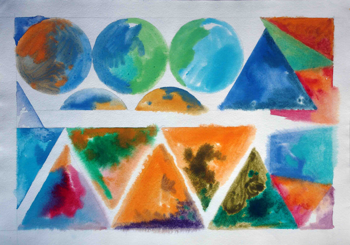 2 Упражнение акварельные заливки. Свободное растекание геометрических фигурах.  Рисунок №3