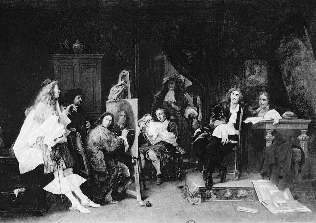 2. Мастерская Пьера Миньяра, рисующего Мольера с пятью другими персонажами