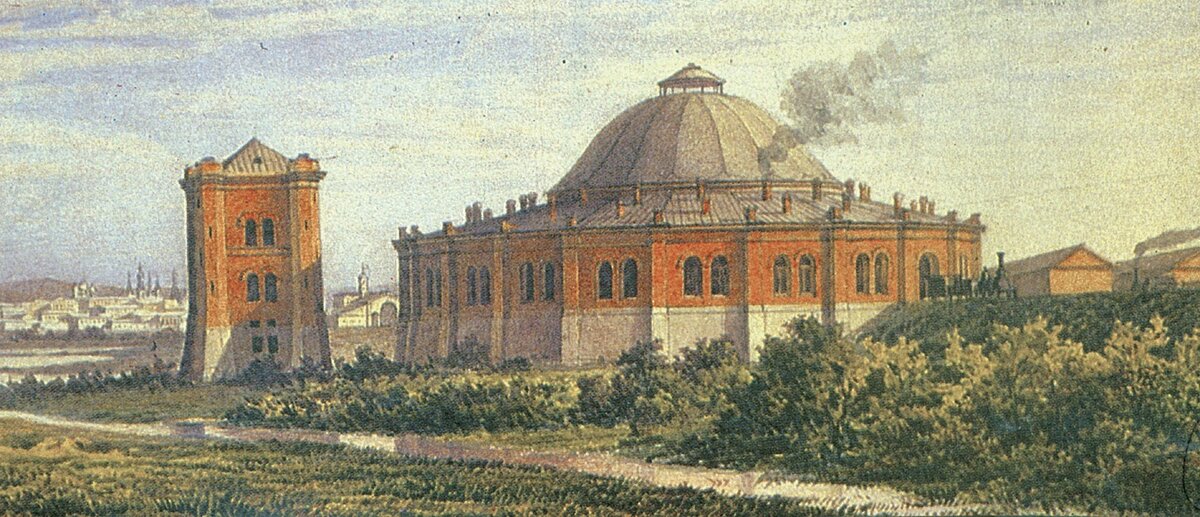 Круглое паровозное депо на Николаевской железной дороге. Акварель Р. А. Желязевича (иллюстрация к проекту)