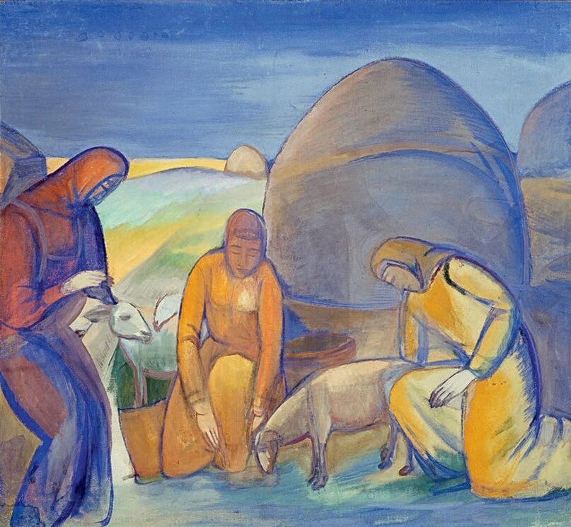 "В степи за работой. Стрижка овец." 1913. С 1909 по 1914 год Кузнецов проводил в киргизских (казахских) степях, у кочевников,  по несколько месяцев, проникаясь их образом жизни и "принимая их своей  родственной, скифской душой"… Изображения взято из свободного доступа в интернете.