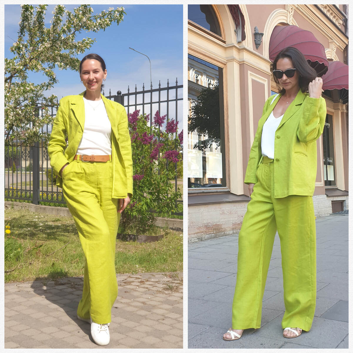 Костюм бренда Voishe. Плюсы любого льняного костюма в том, что он легкий в жару, его можно "обыграть" (создать классический образ или кэжуал). А также яркий цвет - приятный сочный оттенок как раз на лето. 