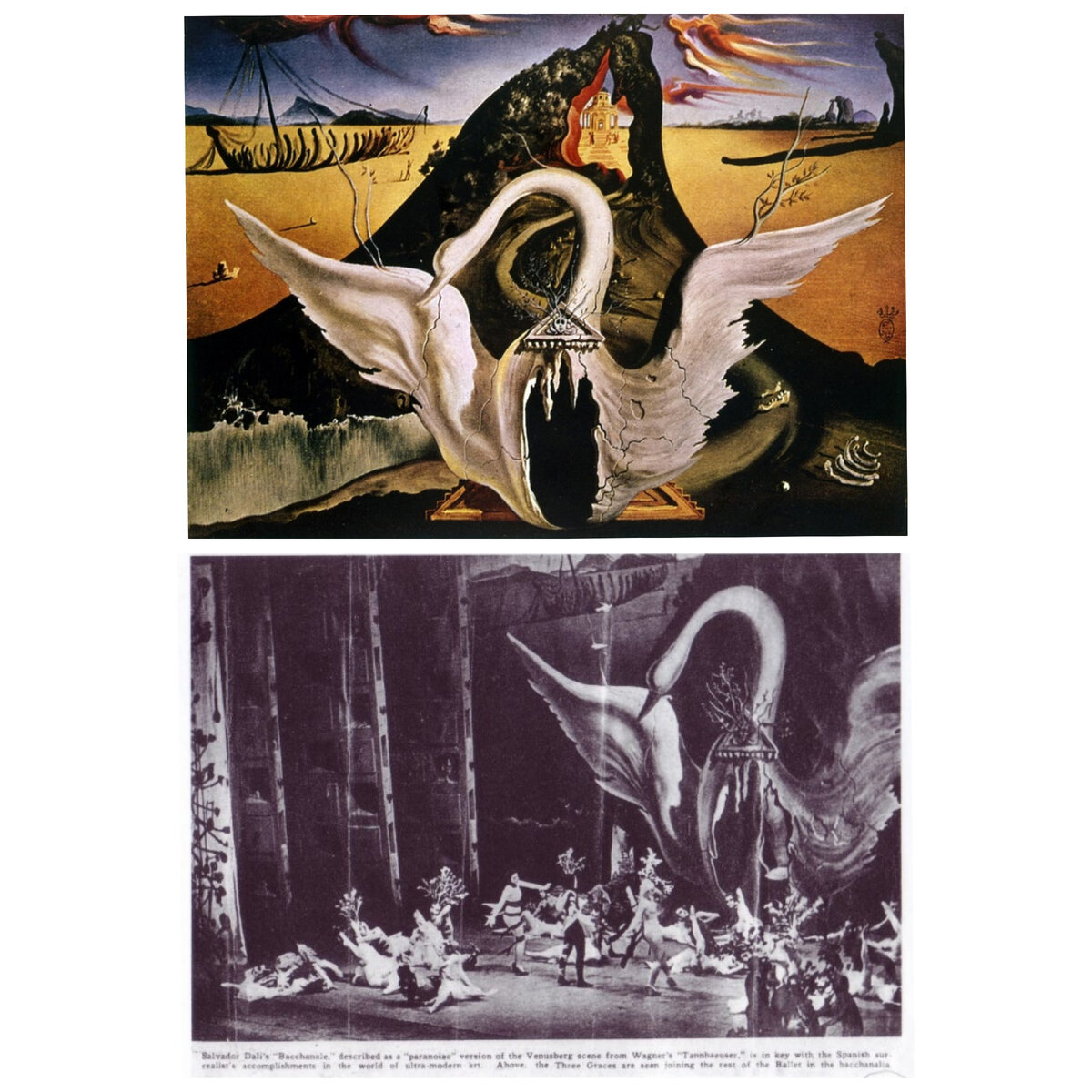 ▪️Сальвадор Дали. Эскиз к балету "Вакханалия", 1939. Частная коллекция.
▪️Сцена из балета "Вакханалия", 1939.