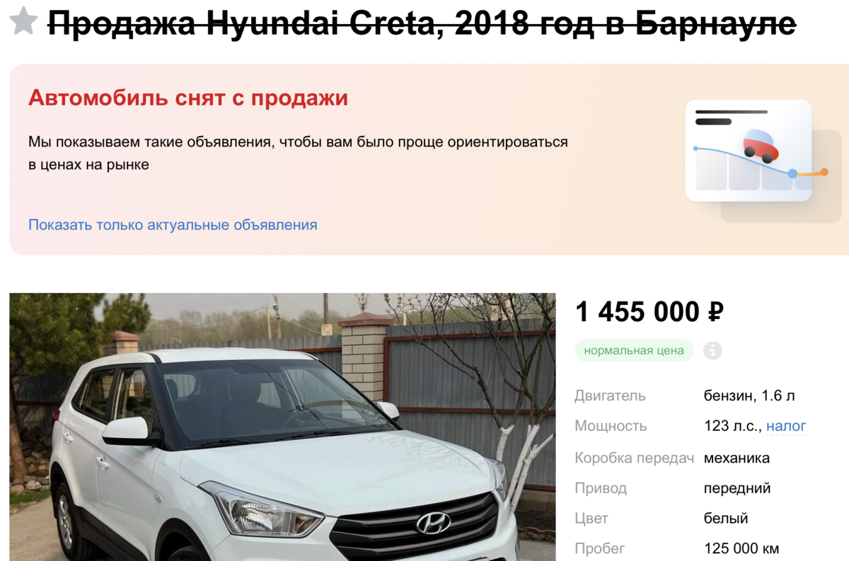 Скриншот просто для примера, не утверждаю, что эта Крета продалась дорого)