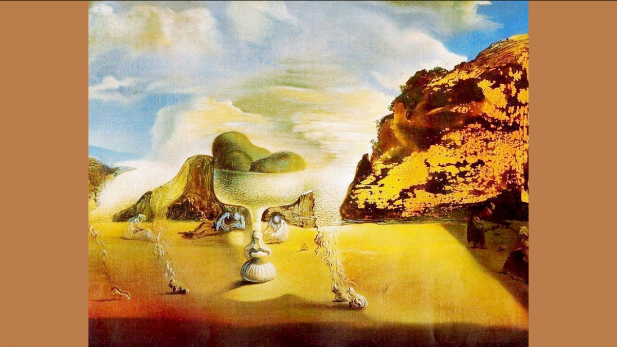 Сальвадор Дали. Невидимая афганская борзая на пляже и призрак лица Гарсиа Лорки в форме вазы для фруктов с тремя фигами. 1938. Частное собрание