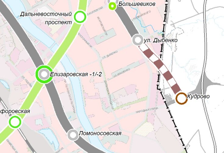 схема пути от станции "Улица Дыбенко" до станции "Кудрово"