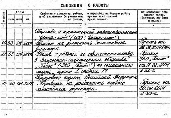 Обращаем внимание на порядковый № 11 в графе № 1 трудовой книжки. Оказывается, бывает и такое, согласно данным записям, что принимают на работу сотрудника на должность заместителя директора организации, вроде бы как – на постоянную работу. А потом вдруг, бац, увольняют его с должности (непонятно – какой?). И, оказывается,  работал-то сотрудник то ли на постоянной работе, то ли - по совместительству (внешнему или внутреннему – тоже  непонятно?), что противоречит требованиям «Инструкции…», так как  прежде, чем делать запись в трудовой книжке сотрудника, необходимо все же выяснить, каким образом осуществлялись сотрудником должностные функции: как основные или как дополнительные?  Если  тема работы по внешнему и внутреннему совместительству и правильное оформление записей в трудовой книжке вам будет интересна и необходима, то мы сможем в дальнейшем уделить ей больше внимания и рассмотреть оба варианты дополнительной работы  более подробно.  Но сейчас вам, в рамках обозначенной уже нами темы этой статьи, будет достаточно информации о том, что в любом случае запись о совместительстве в представленном образце неправомерна, ошибочна с точки зрения «Инструкции…» и в дальнейшем может вызвать много вопросов со стороны сотрудника отделения ПФ РФ, что создаст гражданину ненужные волнения и лишние «телодвижения» при оформлении и назначении пенсии. Естественно, что и порядковая запись № 12  в сведениях о работе также вызывает много вопросов и является в данной ситуации ошибочной. Следующий предлагаемый вам на рассмотрение вариант записей сведений о работе представляет собой также ошибочность в заполнении трудовой книжки сотрудника, хотя выполнен каллиграфическим почерком, без исправлений и печати присутствуют. 