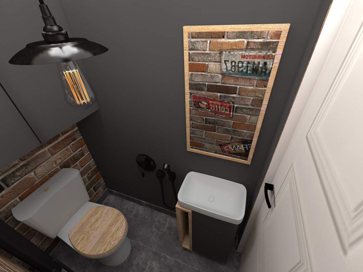 В зеркале отражается кирпичная стена напротив