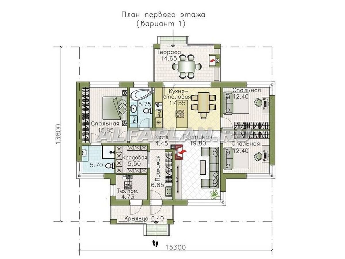 Планировка одноэтажного дома 419А "Авалон" © Владимир Тарасов  