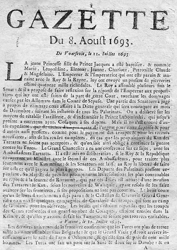 Газета "La Gazette" от 8 августа 1693 года с https://ru.wikipedia.org/