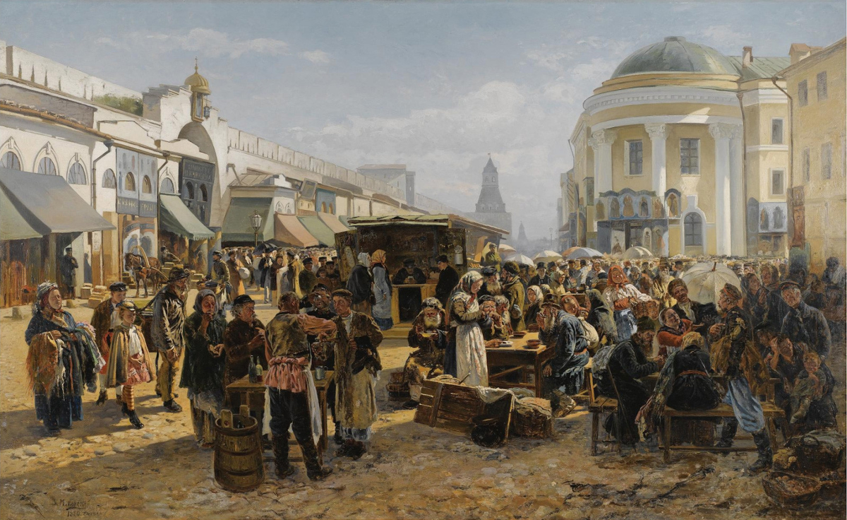 Картина Владимира Маковского «Толкучий рынок в Москве», 1880 год
