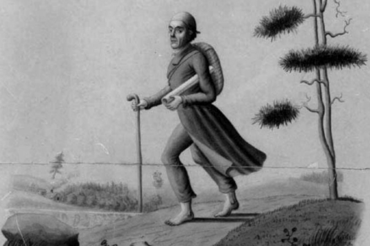    Дружеская карикатура на Элиаса Леннрота, совершавшего многократные путешествия по Северной Карелии и Финляндии. 1847 год