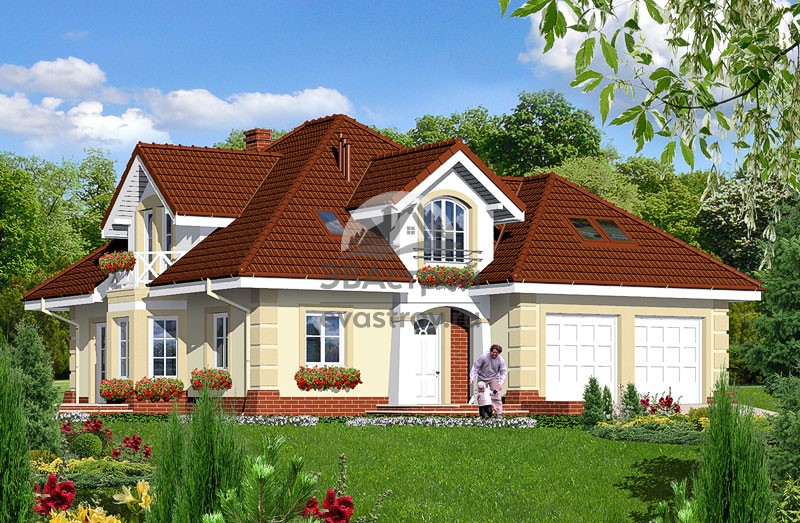 Проект дома 233 м2 с мансардой, двухместным гаражом, эркером, балконом и террасой - SK-44